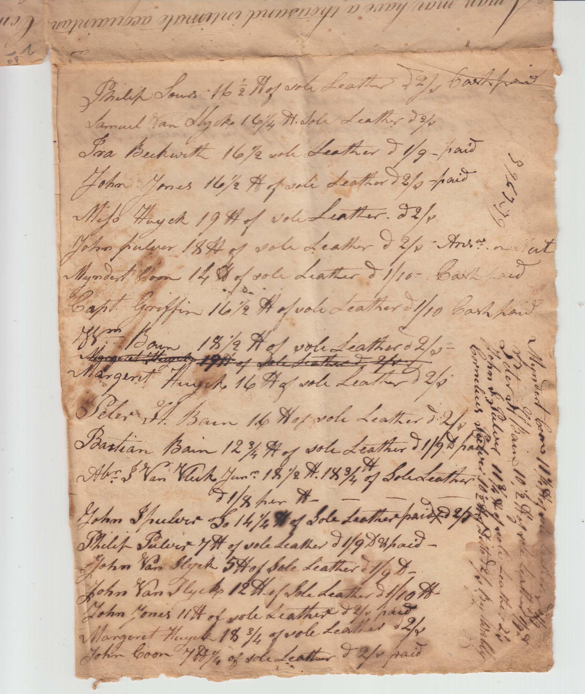 BH106, 1821 Ledger, Christina Huyck's Sole Leather Sales, and Penmanship Practice Sheet of Aaron Bain